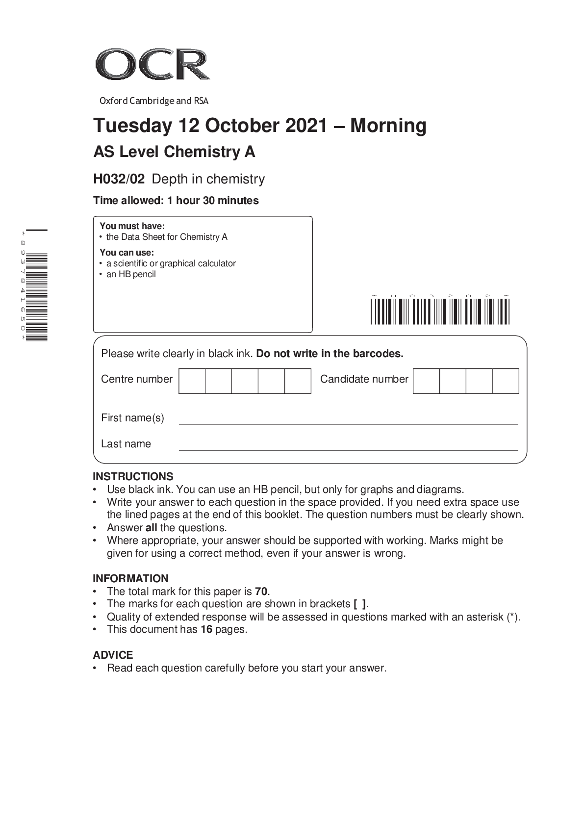 Preview of > Interchange AS Level Chemistry A H032/02 -Depth in chemistry Qp October 2021.
